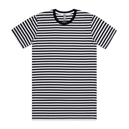 A striped T-shirt featuring black and white horizontal stripes with a black crew neck. It has a logo on the label.