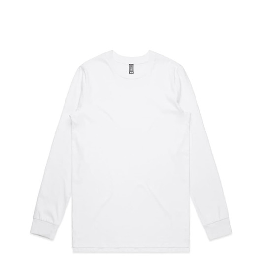 A white long-sleeve T-shirt with a crew neckline and a branding logo.