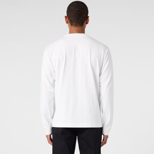 A white long-sleeve t-shirt viewed from the back, with a branded logo visible.