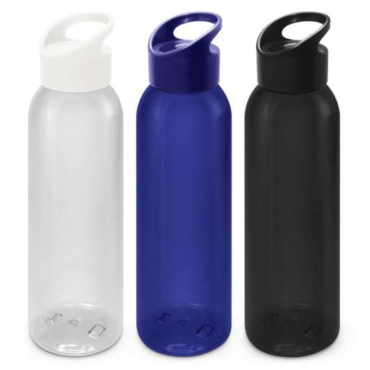 A drink bottle set featuring clear, blue, and black bottles, each with a secure lid and ergonomic handle.