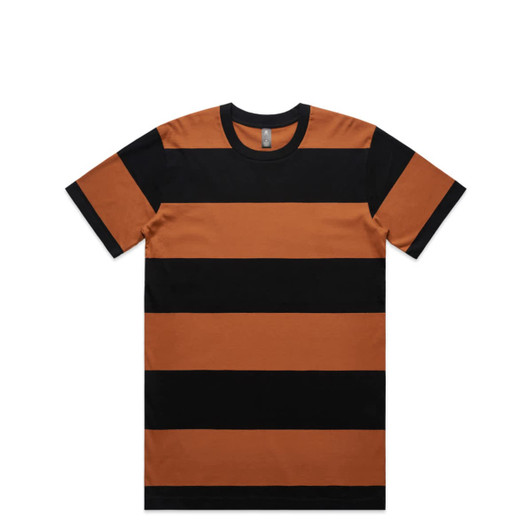 A striped t-shirt featuring wide black and orange stripes, with a round neckline and short sleeves.