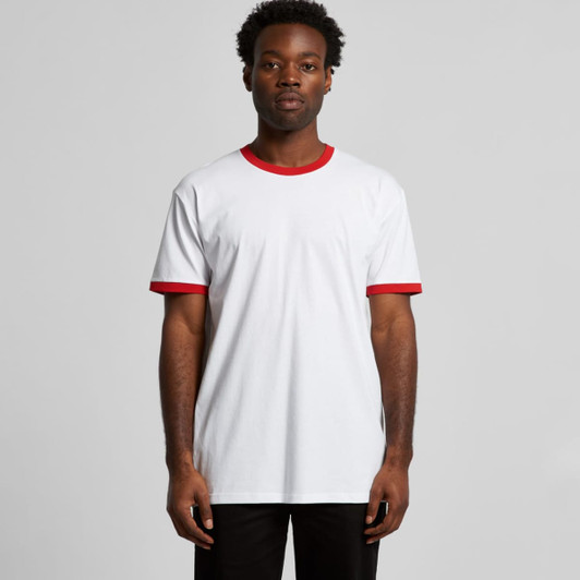 A white t-shirt with red ringer sleeves, featuring a logo on the front.