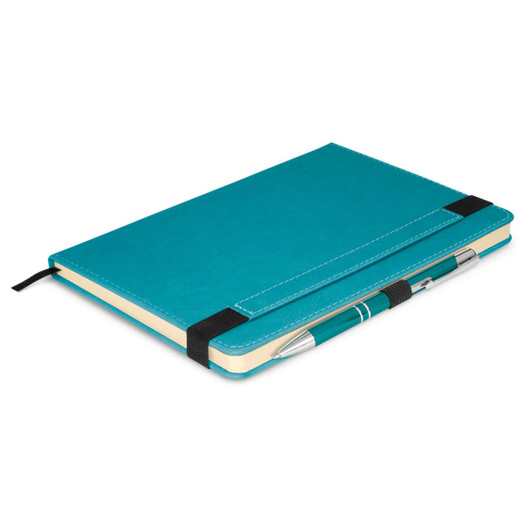 A turquoise notebook with a pen attached, featuring a flexible cover and an elastic band closure.