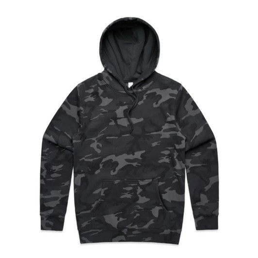 A camo-patterned hoodie in shades of grey and black, featuring a large hood and a front pocket.