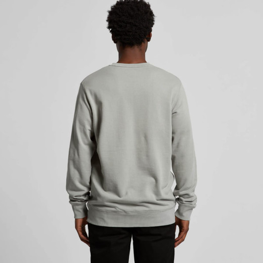 A grey crew jumper with a relaxed fit, featuring long sleeves and a round neck. The back view is displayed.