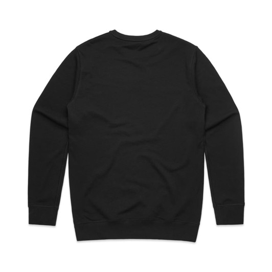 A black crew jumper with long sleeves and a plain back design. It features a simple branding logo.