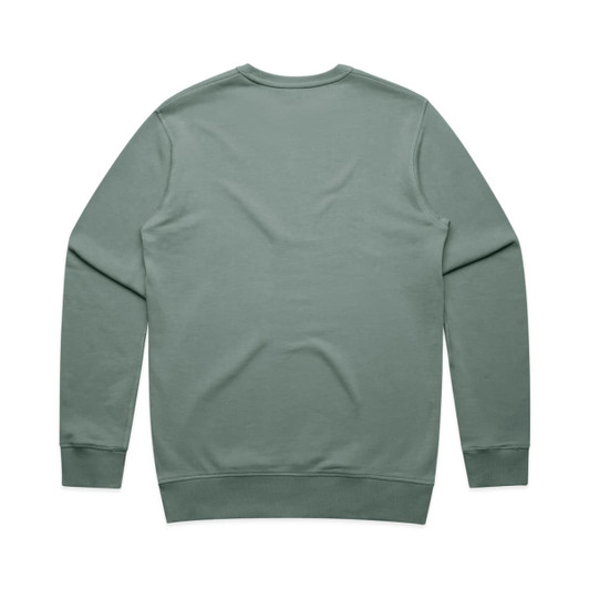 A green sweater with a crew neck and long sleeves, featuring a plain back design and ribbed cuffs.