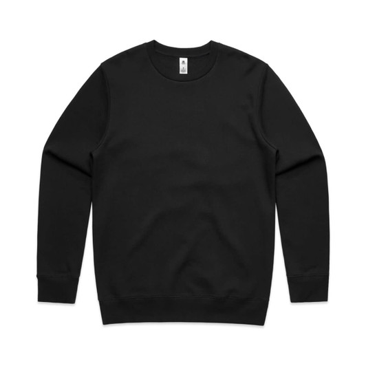 A black crew neck jumper with long sleeves and a brand logo on the label.