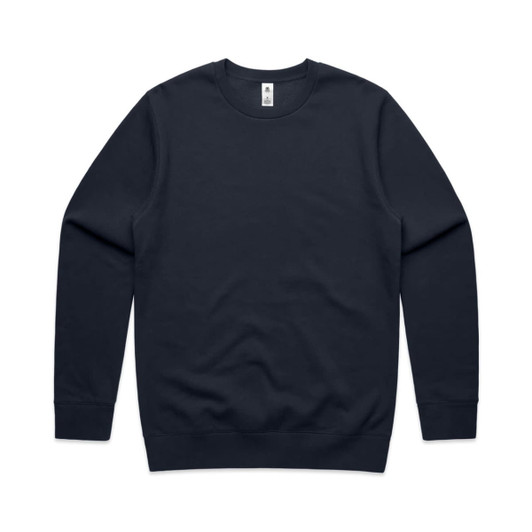 A navy blue crew jumper with a simple crew neck design and long sleeves. It features a branding label.