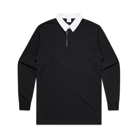 A long-sleeve black rugby jersey with a white collar and a front zip. It features a logo on the chest.