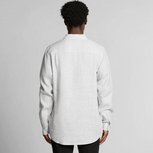 A white linen button-up shirt with long sleeves viewed from the back, featuring a logo on the back.