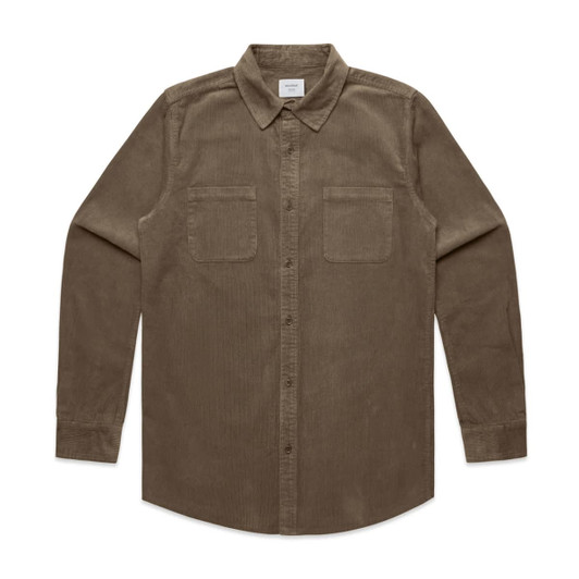 A button-up cord shirt in a muted brown colour with two chest pockets and a collar. It features a logo.