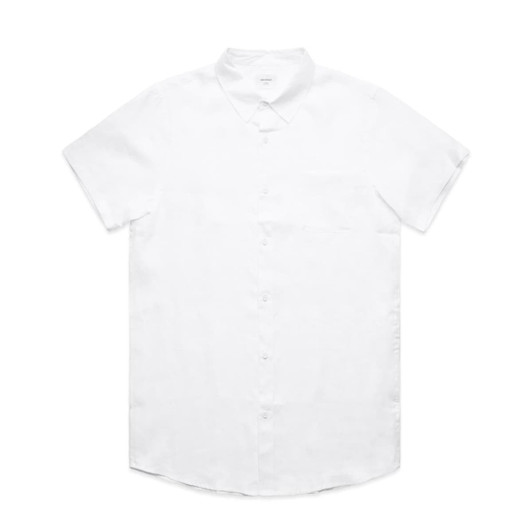 A white short sleeve button-up shirt featuring a pocket and a logo.