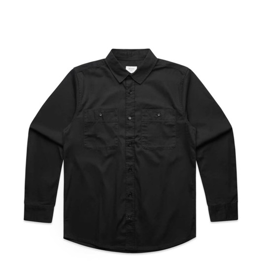 A black work shirt with long sleeves, a collar, and two front pockets. It features a logo.