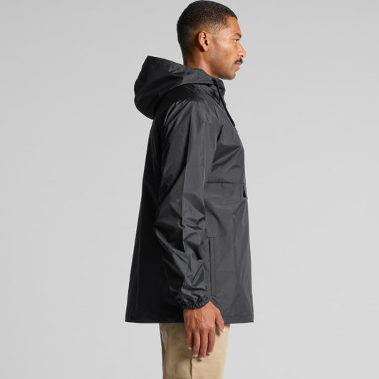 A black windbreaker jacket with a hood, featuring a side view of a person wearing it. The jacket has a logo.