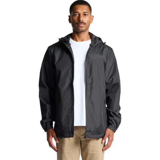 A black rain jacket with a hood, featuring a front zip closure and a person wearing it.