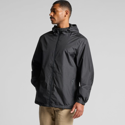 A black rain jacket with a hood and zippered front, featuring a logo on the sleeve.