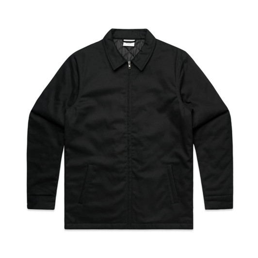 A black service jacket featuring a zip closure and two side pockets, with a simple design and logo.