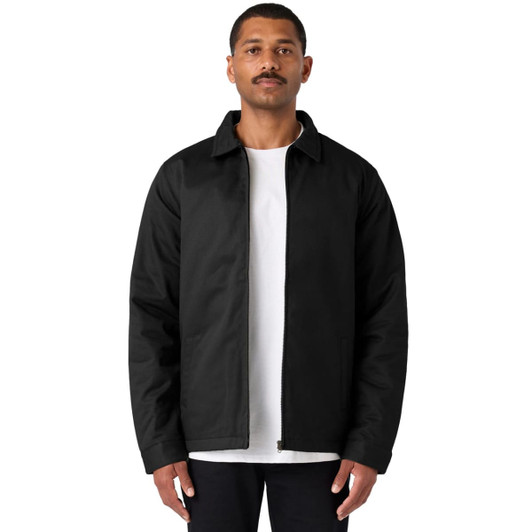 A black service jacket featuring a collared neckline and a front zip. It has a simple design and includes a logo.