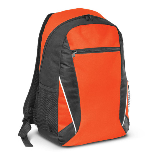 An orange and black backpack with a front zip pocket and side mesh pockets, featuring a logo.