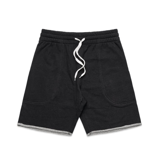 Track shorts in black with a drawstring waist and contrasting hem detail, featuring a logo.