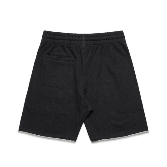 Black track shorts with an elastic waistband and a back pocket. Features a frayed hem style and a logo.