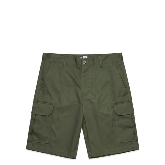 Cargo shorts in olive green with multiple side pockets, featuring a front button closure and a branded label.