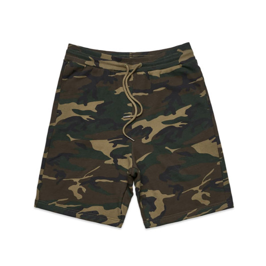 Camo shorts in shades of green and brown with an elastic waistband and drawstring, featuring a logo.