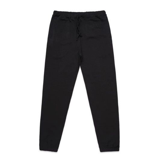 Black track pants featuring an elastic waist and drawstring, with a logo on the front.