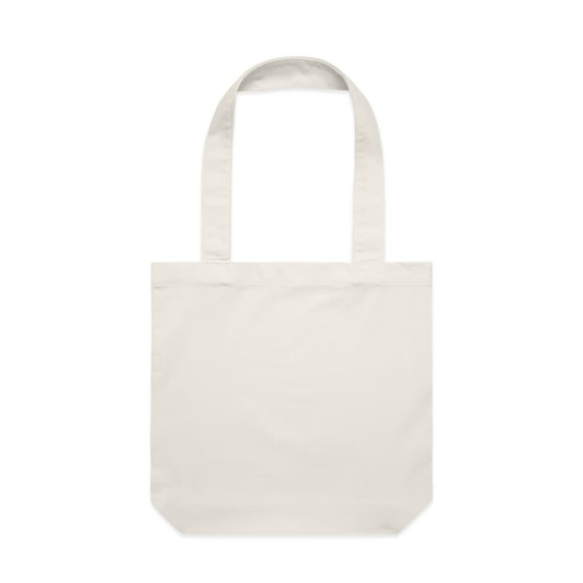 A cream canvas tote bag with long handles and a simple, minimalist design. Features a logo.
