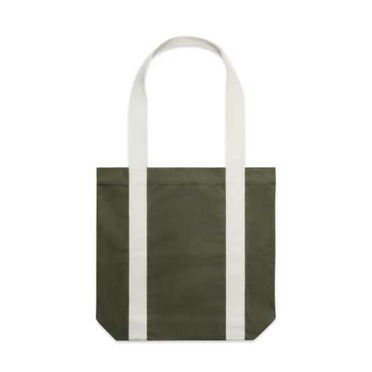 A two-tone tote bag featuring an olive green body and cream handles, with a logo on the side.