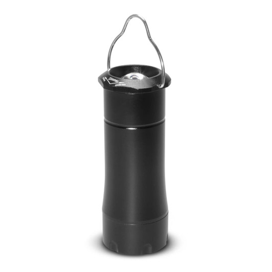 A flashlight lantern with a sleek black design, featuring a carrying handle and a base for stability.