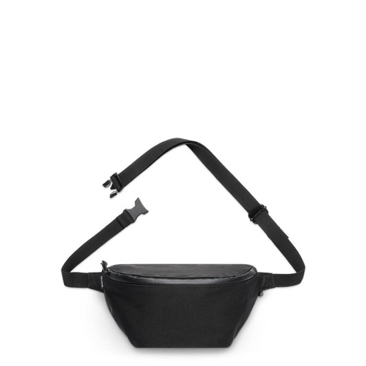 A black recycled waist bag with an adjustable strap and a zippered compartment, featuring a logo.