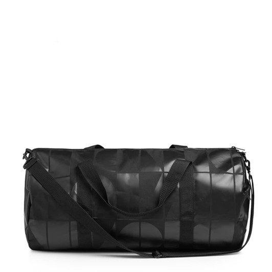 A black duffel bag with an area pattern design, featuring dual handles and a detachable shoulder strap.