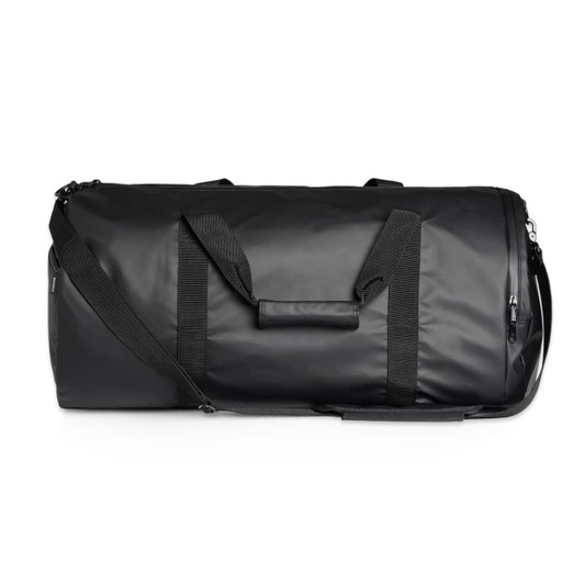 A black duffel bag with dual handles and a removable shoulder strap, featuring a logo.