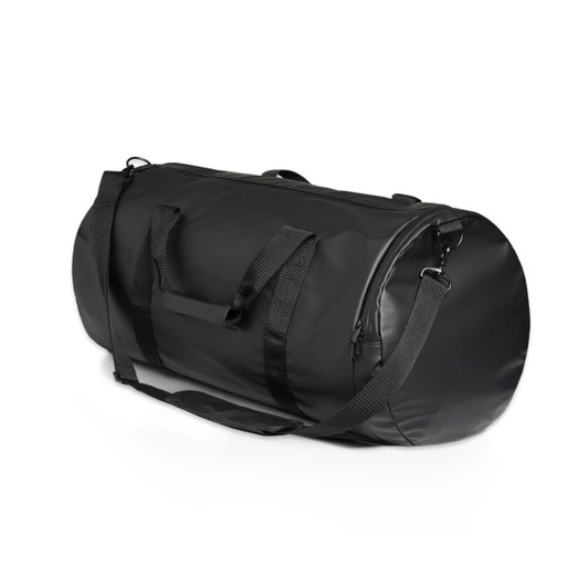 A black rain duffel bag with dual handles and a detachable shoulder strap, featuring a logo.