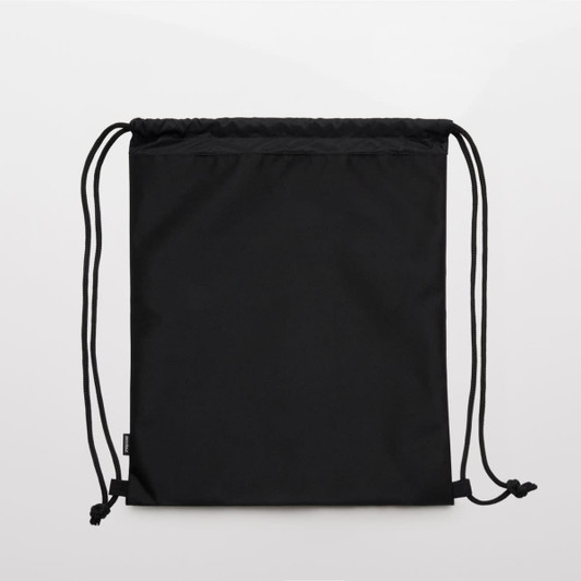 A black drawstring bag made from recycled materials, featuring a simple design and a logo.