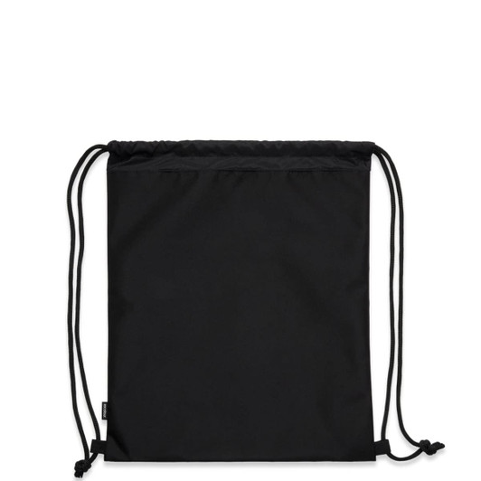 A black drawstring bag with two cords, featuring a logo on the front. Made from recycled materials.