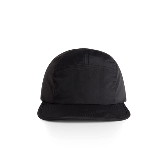 A black nylon cap with a structured front and a curved brim, featuring a logo on the side.
