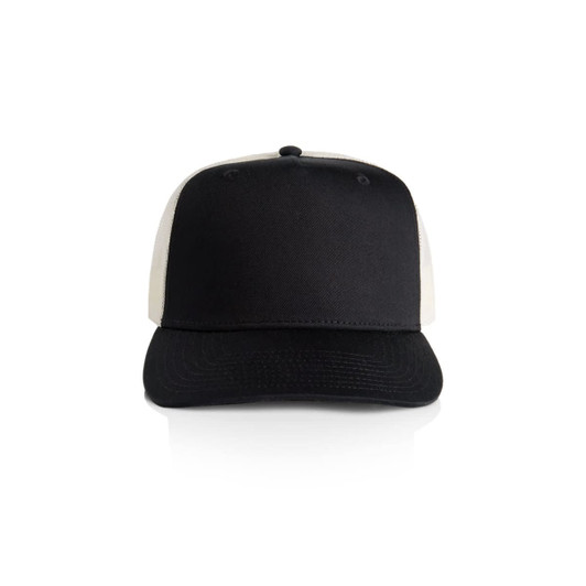 A black and cream trucker cap featuring a solid front panel and a mesh back, along with a branding logo.