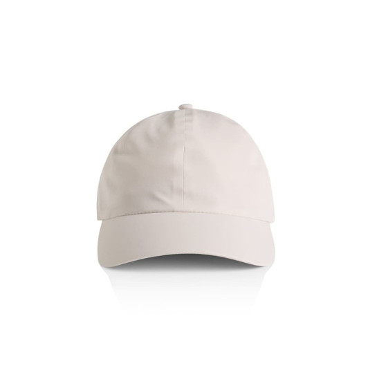 A beige cap featuring a curved brim and a smooth fabric surface, with a logo on the front.