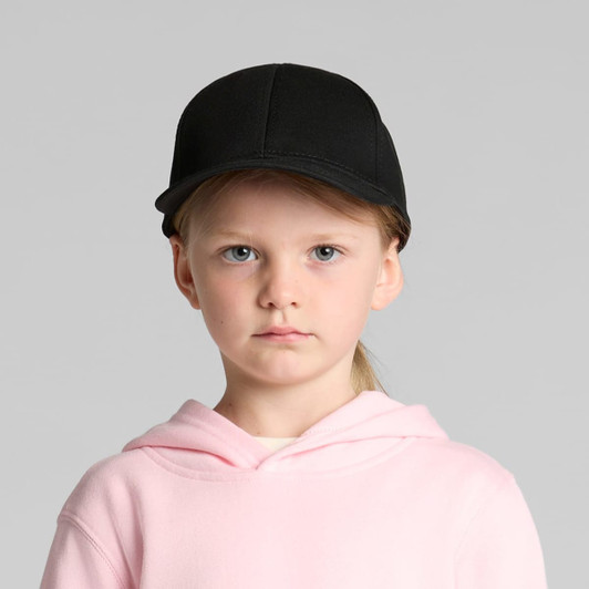 A black cap designed for kids, featuring a structured crown and a curved brim. It has a logo on the front.