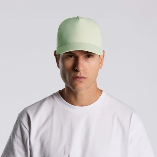 A light green frame nylon cap worn by a model in a white t-shirt, featuring a plain design and a logo.