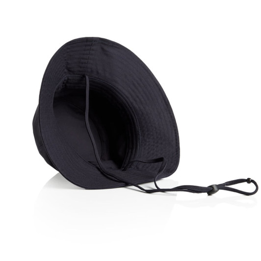 A black wide brim bucket hat with an adjustable strap, featuring a simple design and no visible branding.