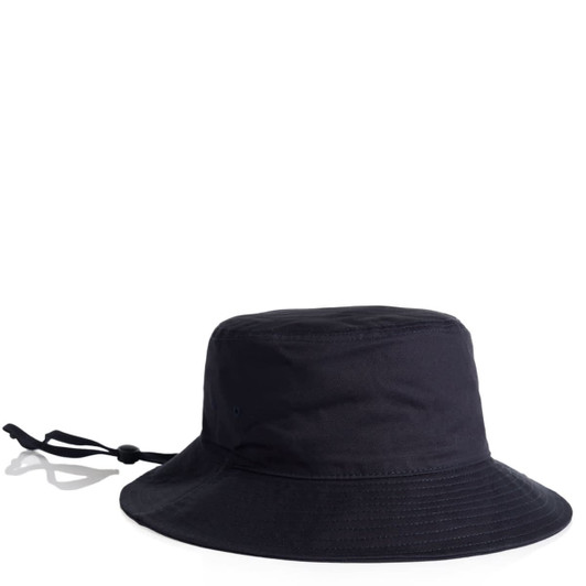 A wide-brim bucket hat in navy blue, featuring a drawstring for an adjustable fit and a logo.