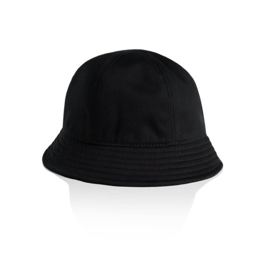 A black bucket hat with a textured brim and a logo. Ideal for headwear collections.