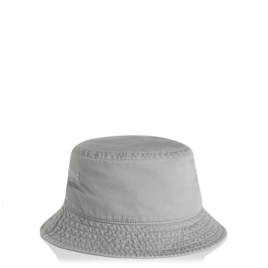 A faded grey bucket hat with a circular brim and a simple design. It features a logo on the side.