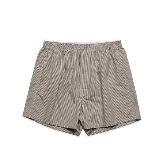 Striped boxer shorts in light grey and white with an elastic waistband. Features a simple design and branding.