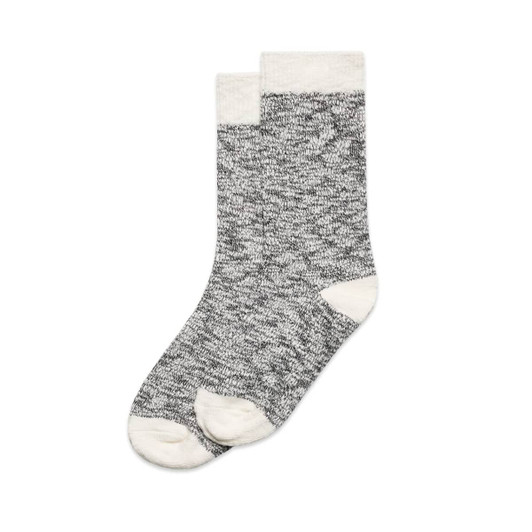 A pair of grey slub socks with cream accents. Includes two pairs in total. Features a logo on the band.