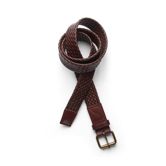 A braided leather belt in shades of brown, featuring a metal buckle and a woven design.
